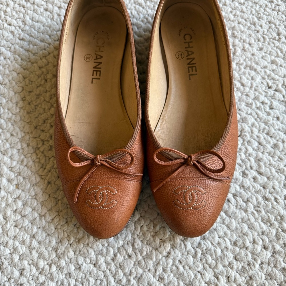 Authentic CHANEL brown leather ballet flats